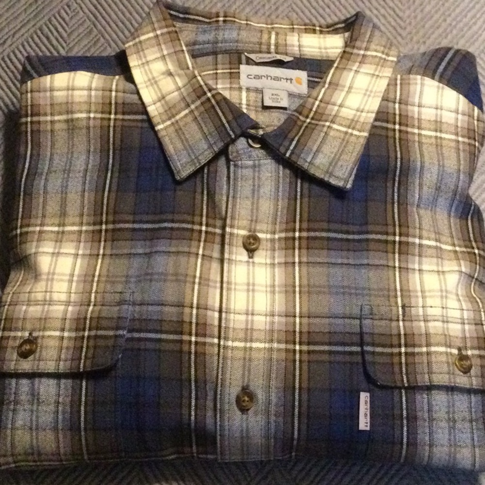 Carhartt 2XL Original Fit cotton blue and cream plaid long sleeve shirt for men